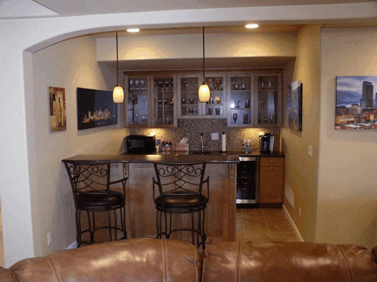 Elegant home bar with glass cabinets