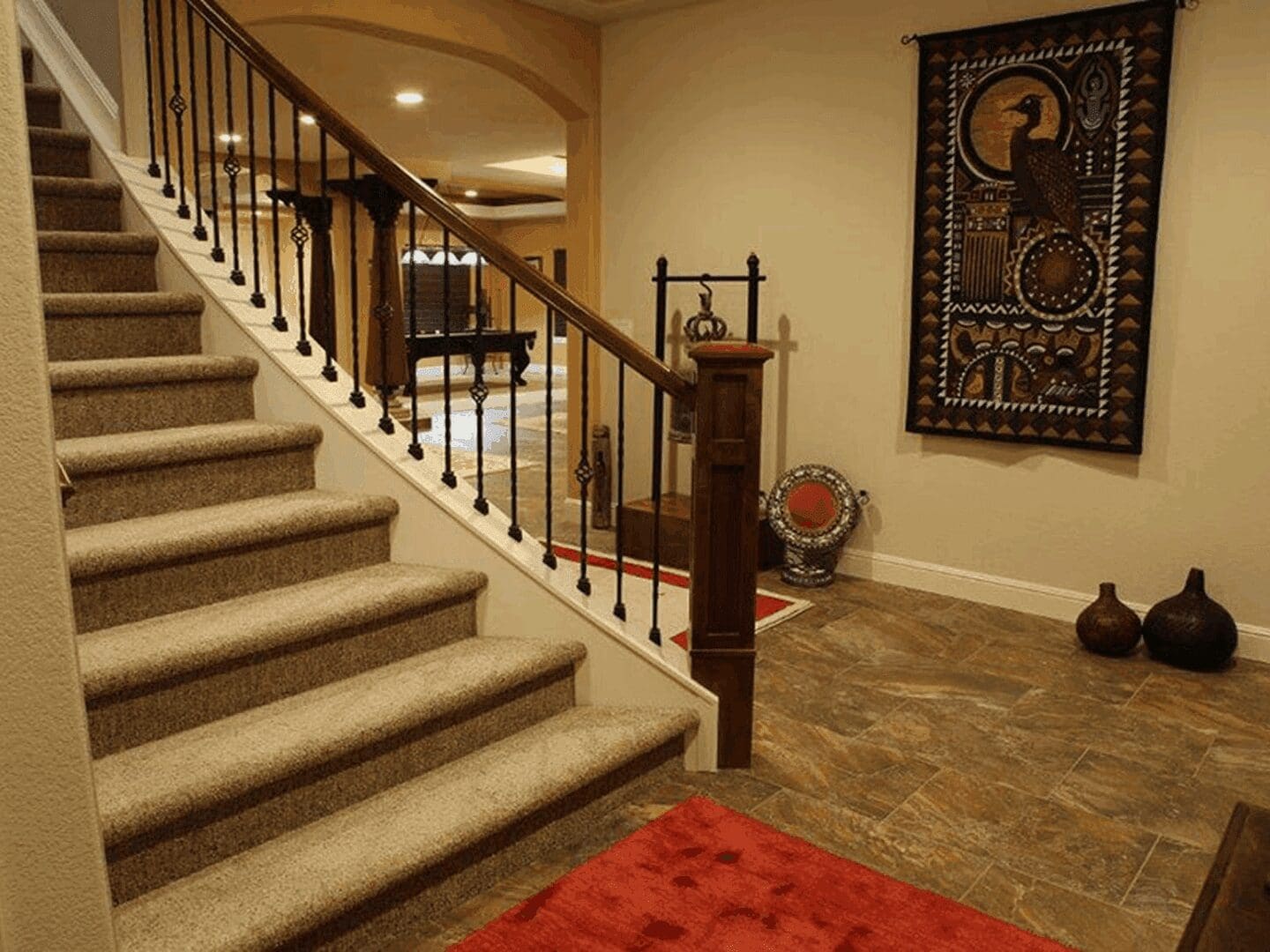 Elegant hallway with decorative wall hanging